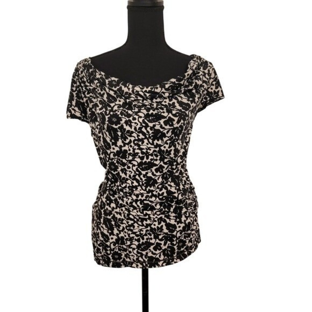 Max Studio Vintage Y2K Asymmetrical Floral Cowl Neck Cap Sleeve Top Medium Black